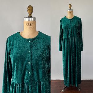 VTG 1990s Teal Green Crushed Velvet Long Sleeved Button Front Oversized Maxi S M